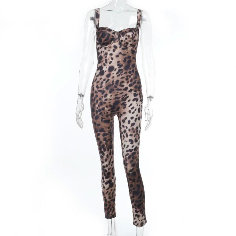 Leopard print v neck backless tank jumpsuit  | Festival Outfits Women