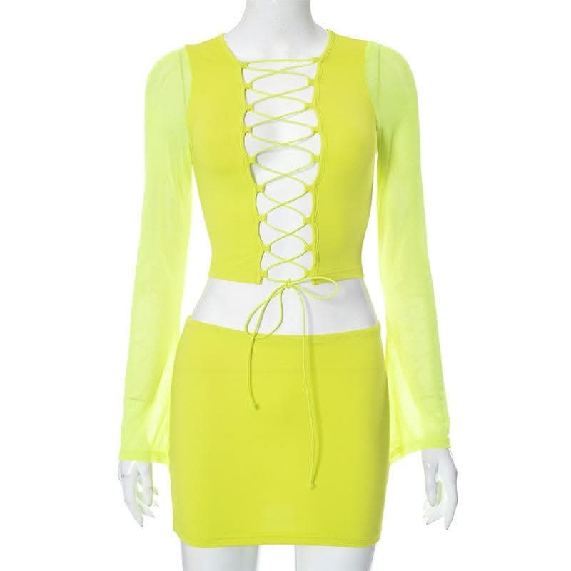 Long sleeve hollow out lace up mesh mini skirt set-final-sale  | Festival Outfits Women