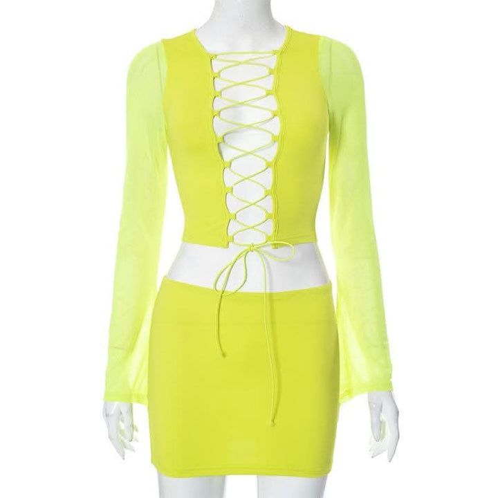 Long sleeve hollow out lace up mesh mini skirt set-final-sale  | Festival Outfits Women