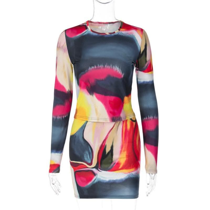 Long sleeve tie dye round neck mini skirt set-final-sale  | Festival Outfits Women