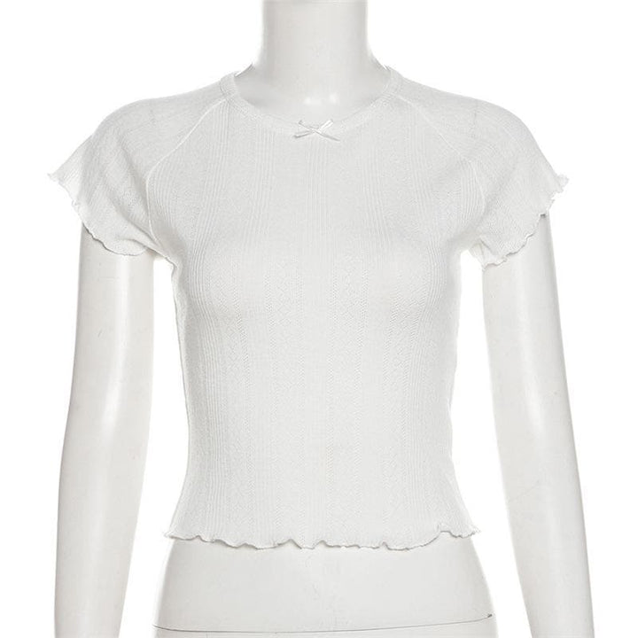 Short sleeve textured bowknot ruffle top  | Festival Outfits Women