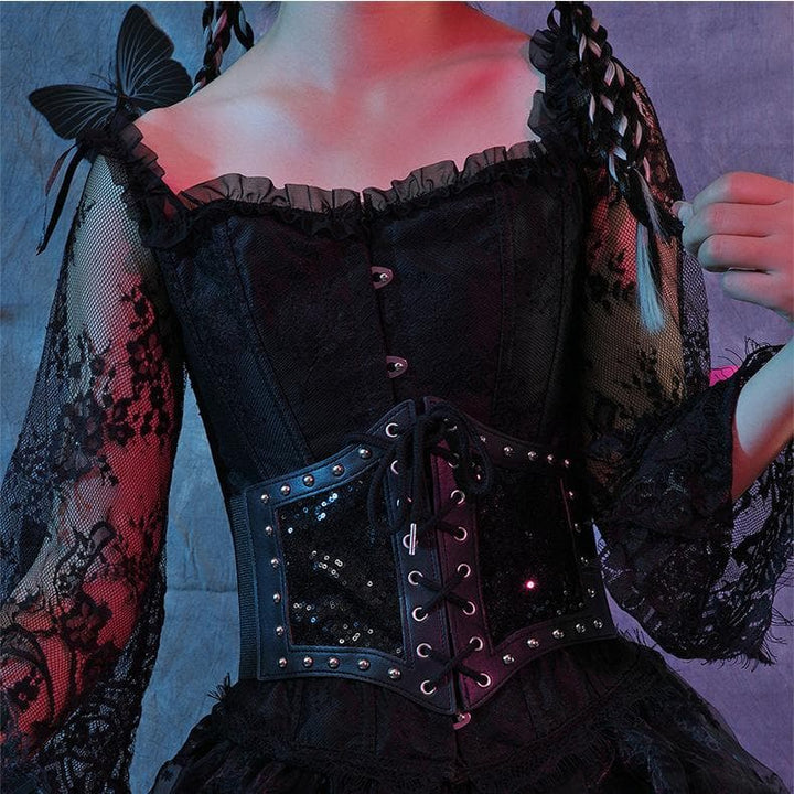 Rivet lace up glitter button corset  | Festival Outfits Women