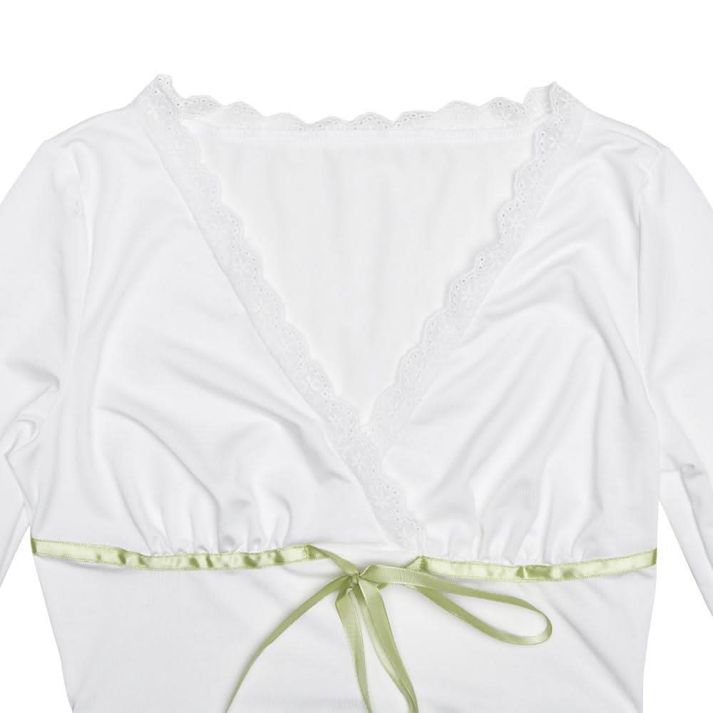 Lace hem long sleeve v neck ribbon ruched top  | Festival Outfits Women