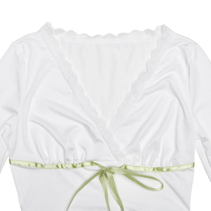 Lace hem long sleeve v neck ribbon ruched top  | Festival Outfits Women