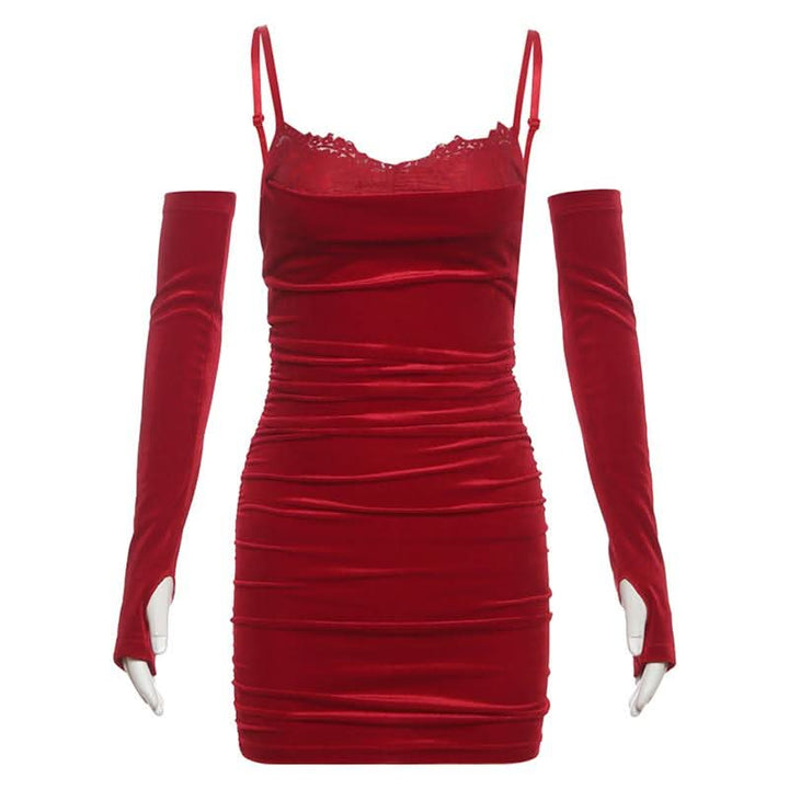 Ruched gloves velvet v neck lace hem mini dress-final-sale