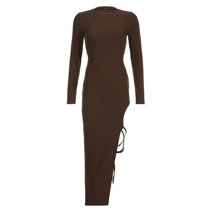 Self tie irregular long sleeve slit crewneck solid midi dress-final-sale  | Festival Outfits Women