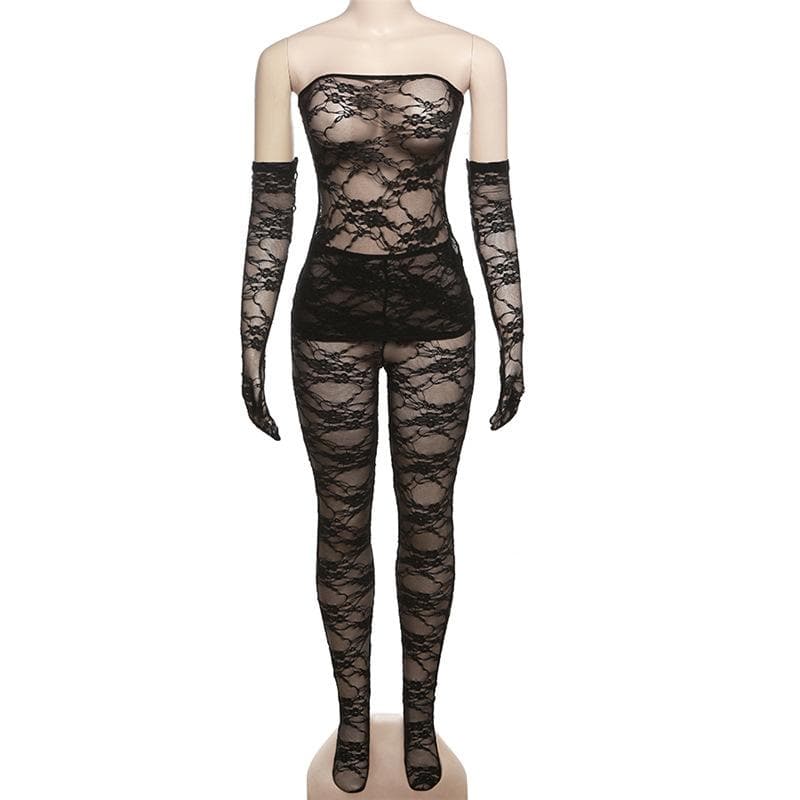 Lace see through gloves solid backless tube pant set-final-sale  | Festival Outfits Women