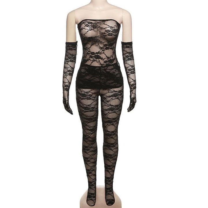 Lace see through gloves solid backless tube pant set-final-sale  | Festival Outfits Women