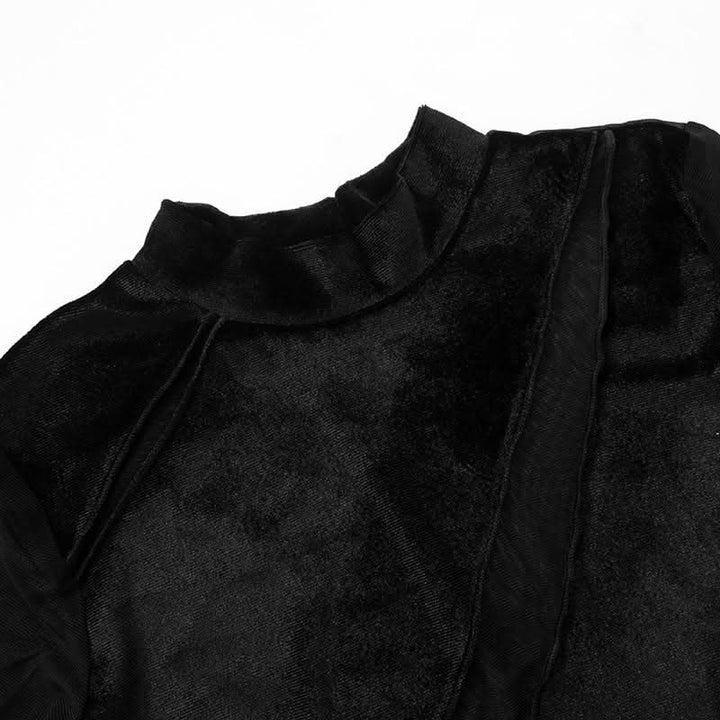 High neck mesh velvet patchwork long sleeve crop top | Mesh Long Sleeve Crop Top  | Festival Outfits Women