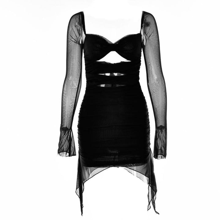 Long sleeve solid hollow out slit mesh ruched zip-up backless cut out mini dress-final-sale  | Festival Outfits Women