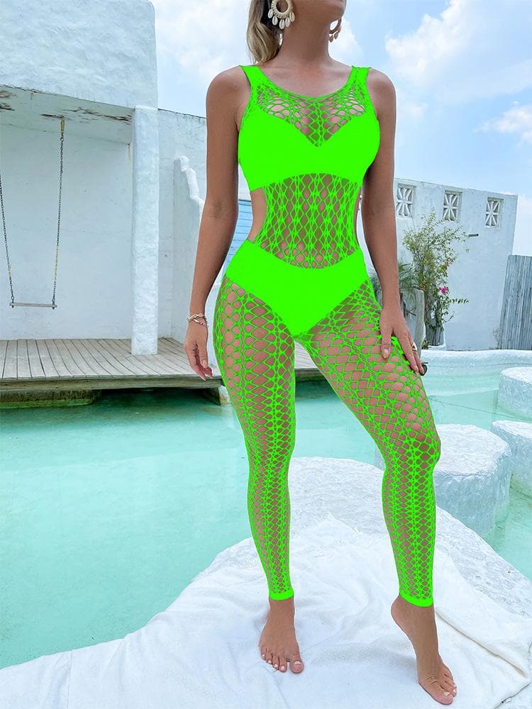 U neck sleeveless hollow out fishnet bodystocking  | Festival Outfits Women