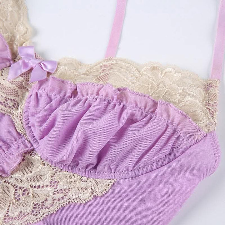 Lace hem contrast ruffle ruched patchwork cross back crop top-final-sale