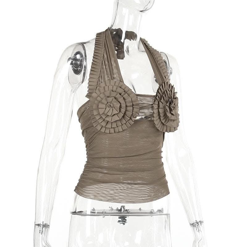 Halter pleated hollow out ruched mesh backless cut out top-final-sale  | Festival Outfits Women