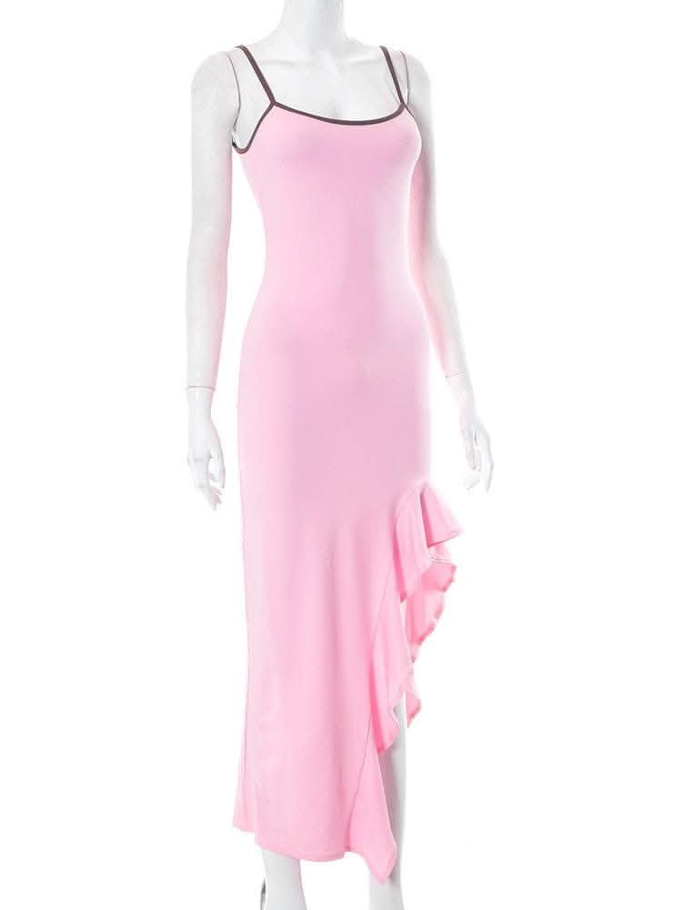 Irregular ruffle backless solid u neck cami maxi dress-final-sale  | Festival Outfits Women