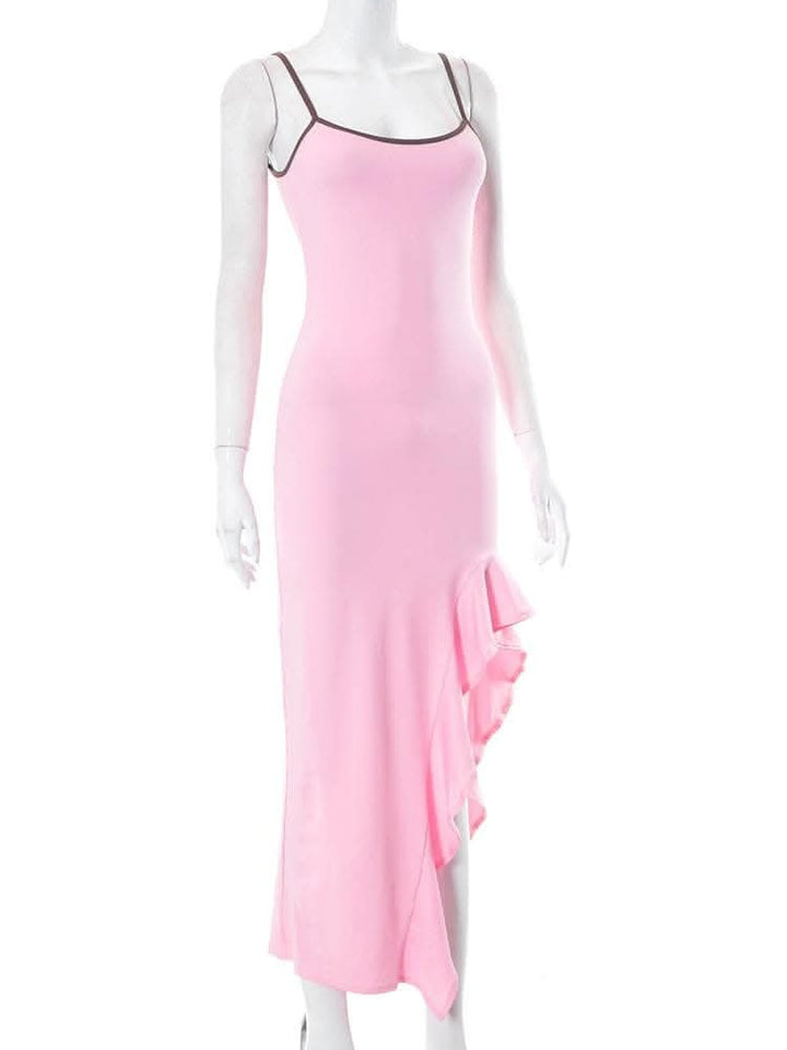 Irregular ruffle backless solid u neck cami maxi dress-final-sale  | Festival Outfits Women