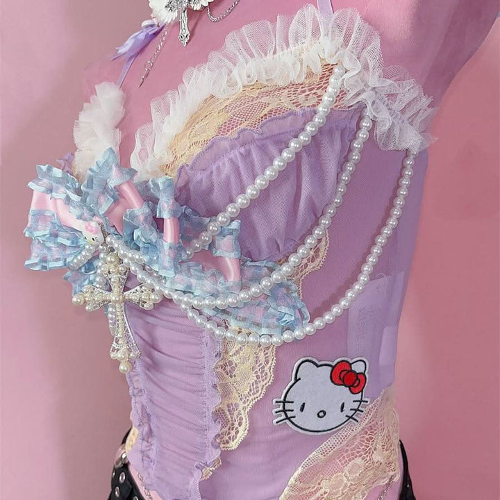 Bowknot beaded "Hello Kitty" pattern mesh cami top  | Festival Outfits Women