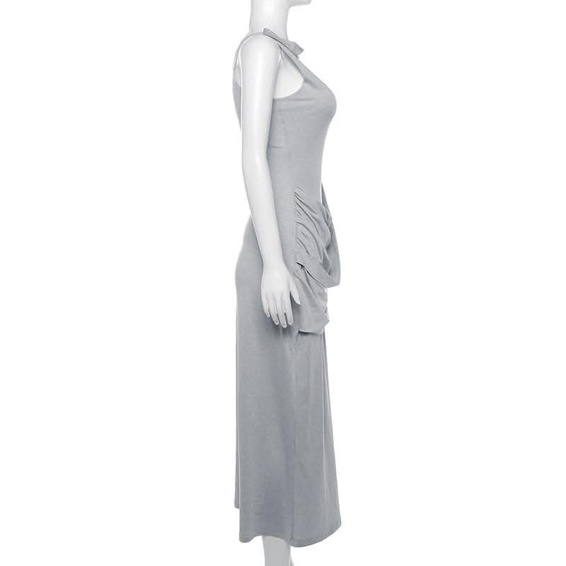 Ruched solid sleeveless u neck irregular midi dress-final-sale  | Festival Outfits Women