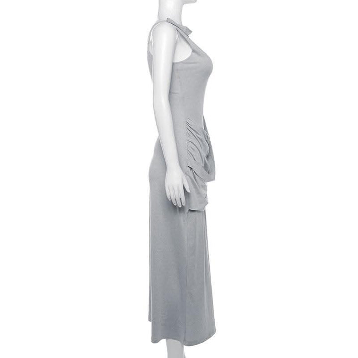 Ruched solid sleeveless u neck irregular midi dress-final-sale  | Festival Outfits Women