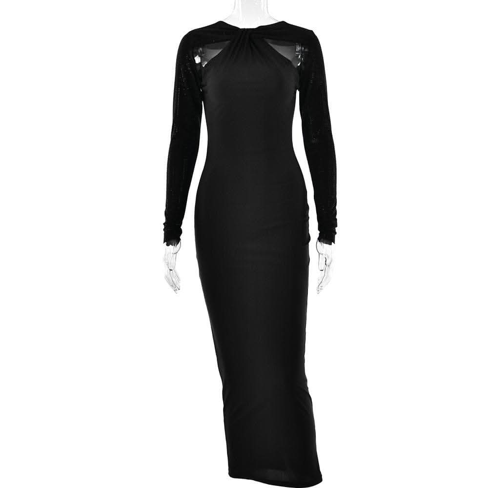 Long sleeve beaded zip-up hollow out patchwork cut out maxi dress-final-sale  | Festival Outfits Women