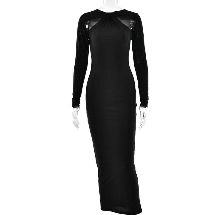 Long sleeve beaded zip-up hollow out patchwork cut out maxi dress-final-sale  | Festival Outfits Women