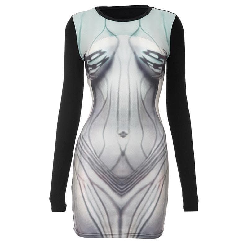 Body print contrast long sleeve round neck mini dress-final-sale  | Festival Outfits Women