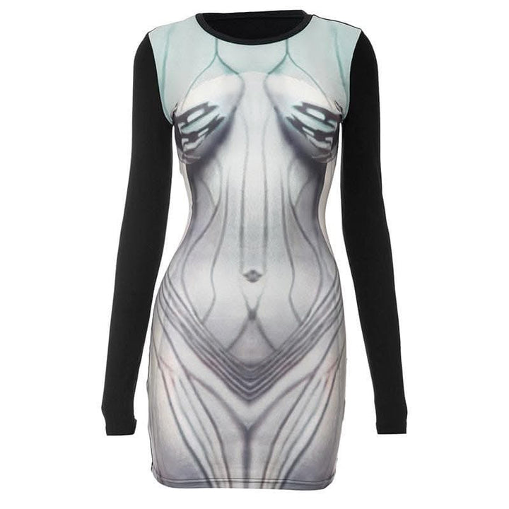 Body print contrast long sleeve round neck mini dress-final-sale  | Festival Outfits Women