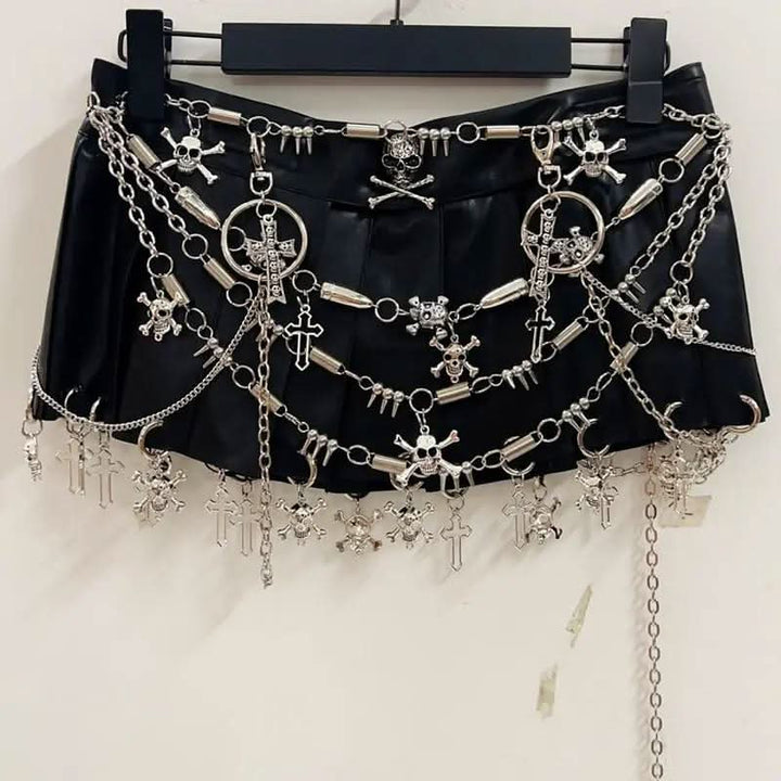 Metal chain o ring pleated skull applique mini skirt  | Festival Outfits Women