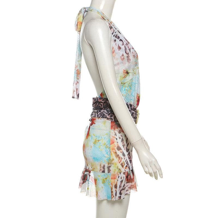Irregular halter deep V neck print sheer mesh mini dress  | Festival Outfits Women-final-sale