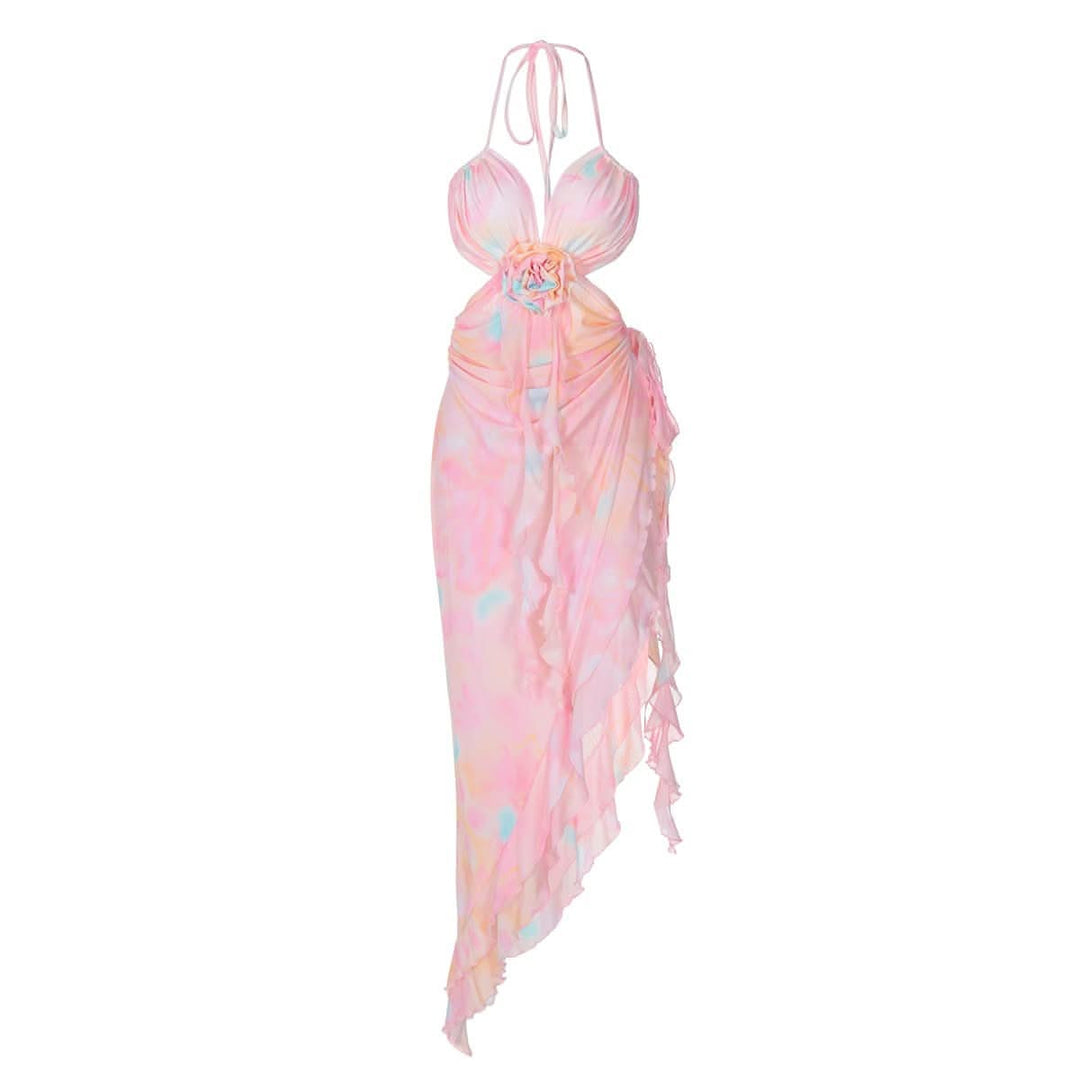 Halter flower applique ruffle backless slit maxi dress-final-sale