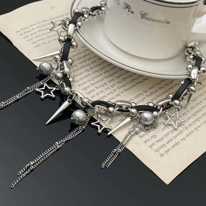 Beaded star rivet tassels PU leather necklace  | Festival Outfits Women