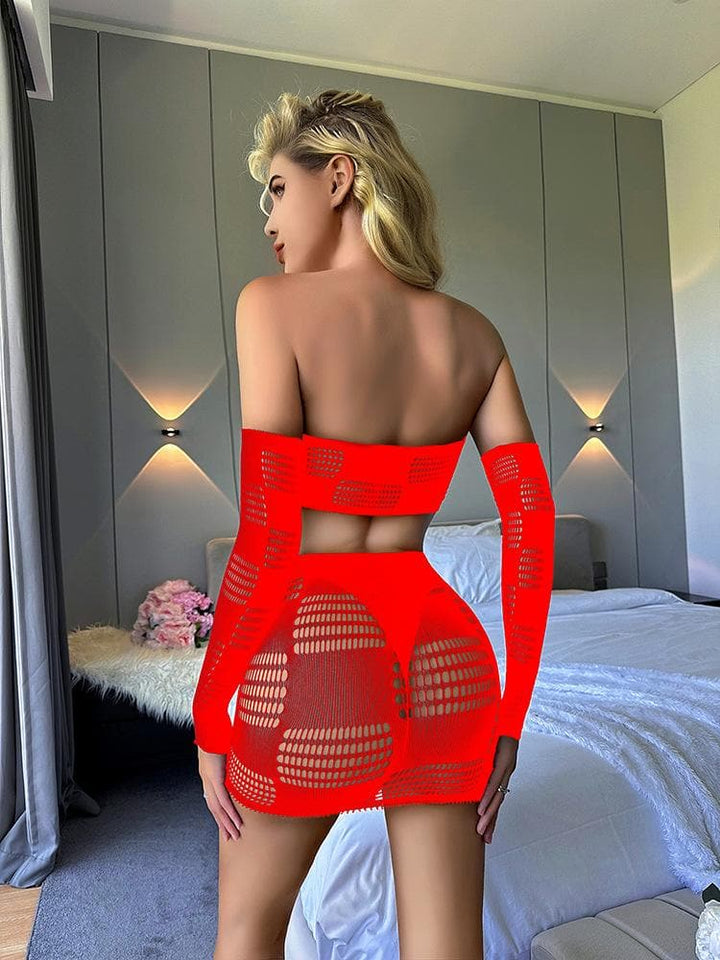 Gloves fishnet patchwork tube mini skirt set  | Festival Outfits Women