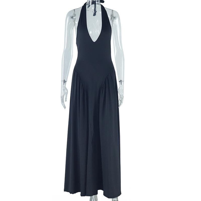 Halter v neck backless solid maxi dress  | Festival Outfits Women