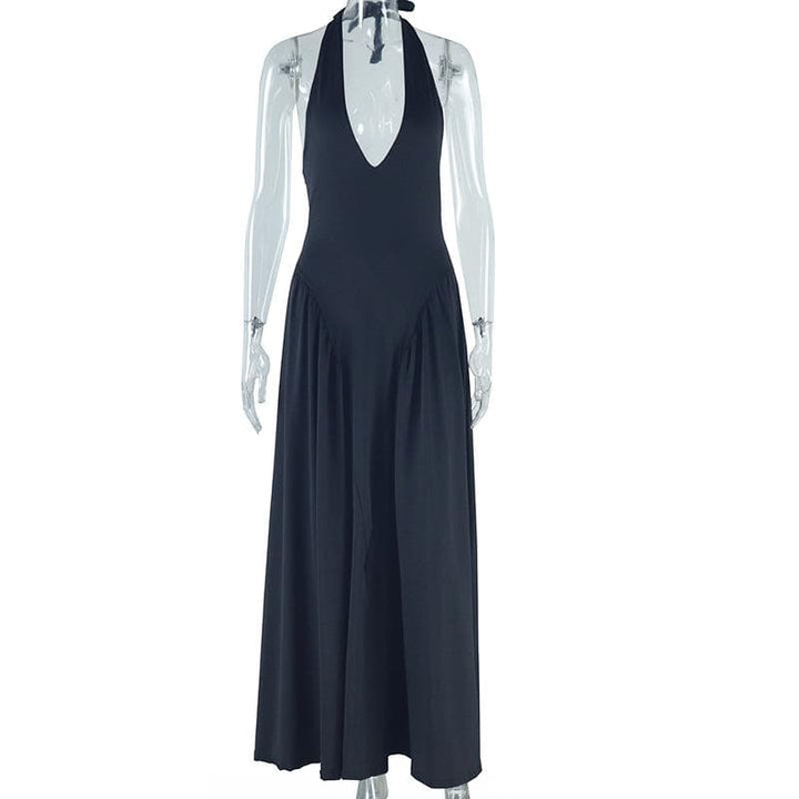Halter v neck backless solid maxi dress  | Festival Outfits Women