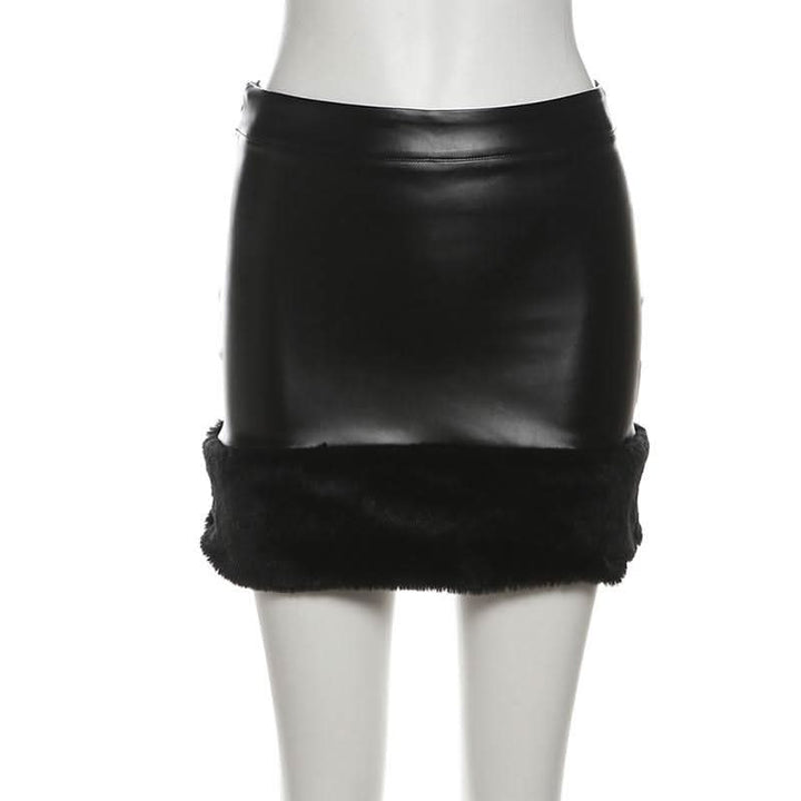 PU leather fluffy patchwork zip-up mini skirt Cargo Mini Skirt  | Festival Outfits Women