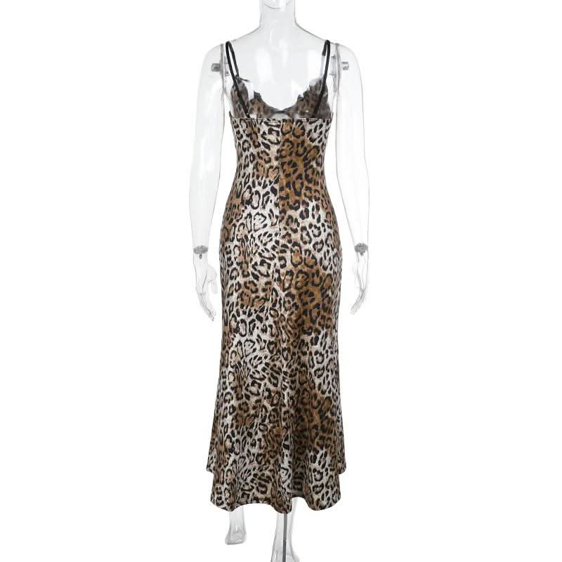 Lace hem v neck leopard print cami midi dress | Festival Outfits Women   Halibuy