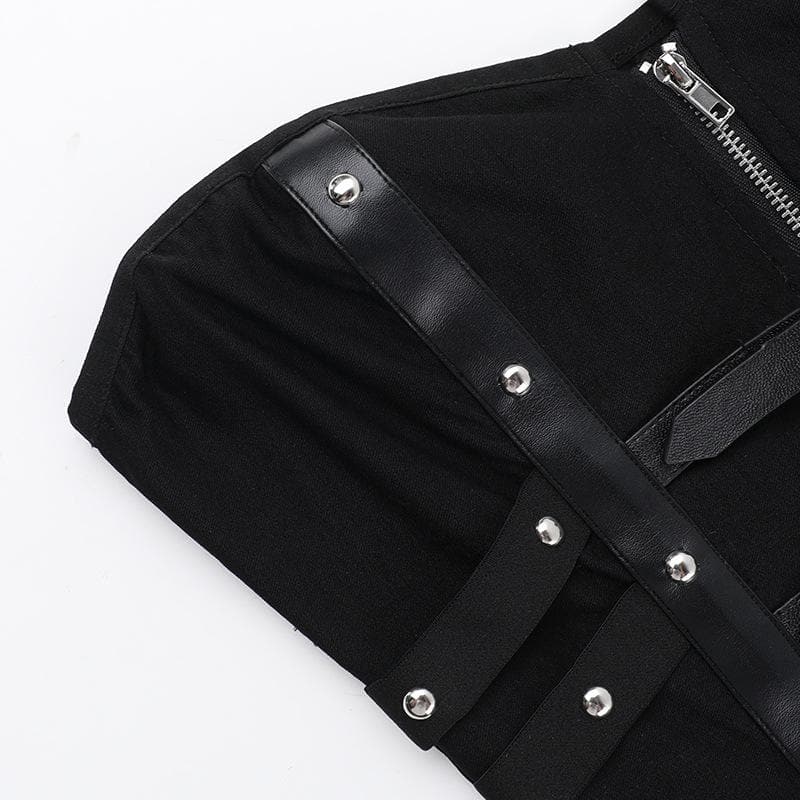 PU leather patchwork buckle zip-up tube top  | Festival Outfits Women