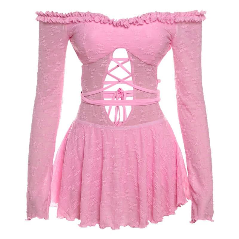Off shoulder long sleeve hollow out self tie cut out mini dress  | Festival Outfits Women