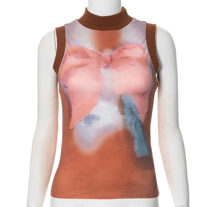 High neck sleeveless knitted patchwork print top  | Festival Outfits Women
