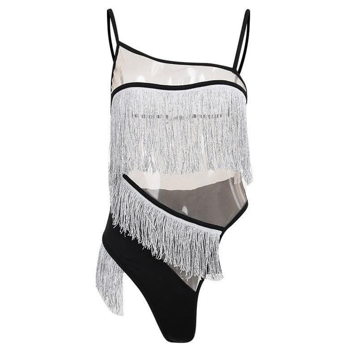 Irregular mesh see through tassels contrast backless cami bodysuit-final-sale  | Festival Outfits Women