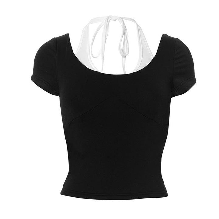Halter u neck contrast short sleeve top  | Festival Outfits Women