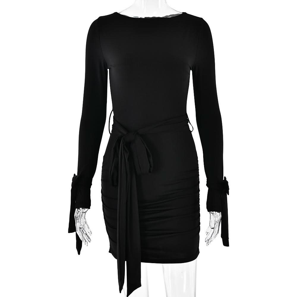 Long sleeve bowknot ruched knotted mini dress  | Festival Outfits Women