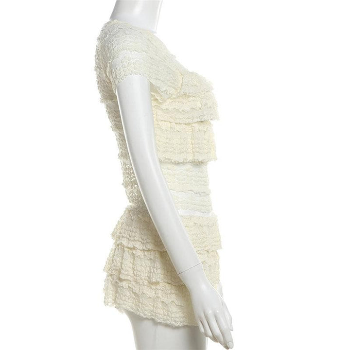 Crewneck cap sleeve textured ruched solid mini skirt set  | Festival Outfits Women