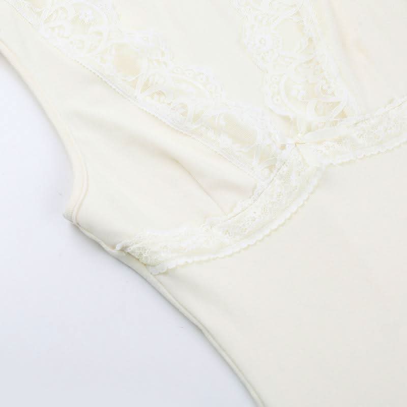 Lace hem deep V neck bowknot solid top  | Festival Outfits Women