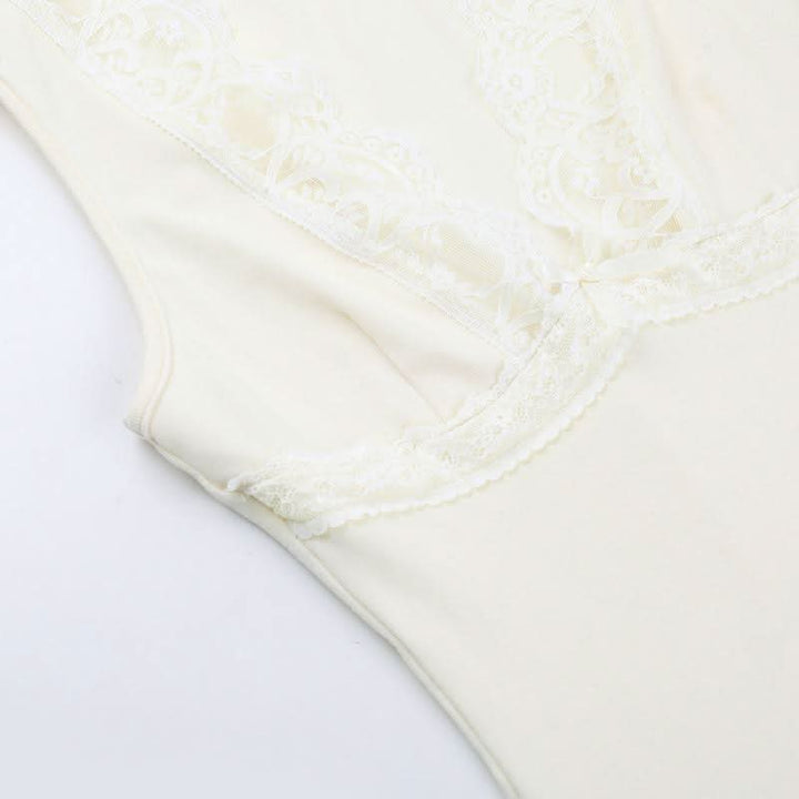 Lace hem deep V neck bowknot solid top  | Festival Outfits Women