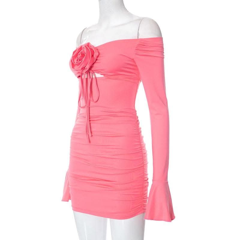 Flower applique hollow out ruched long flared sleeve cut out mini dress-final-sale  | Festival Outfits Women
