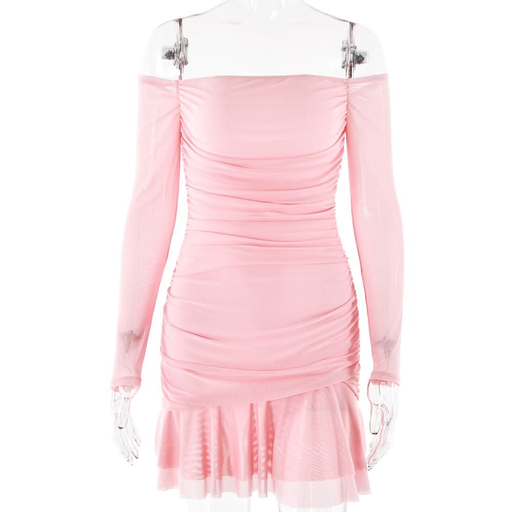 Long sleeve off shoulder ruched mesh mini dress  | Festival Outfits Women