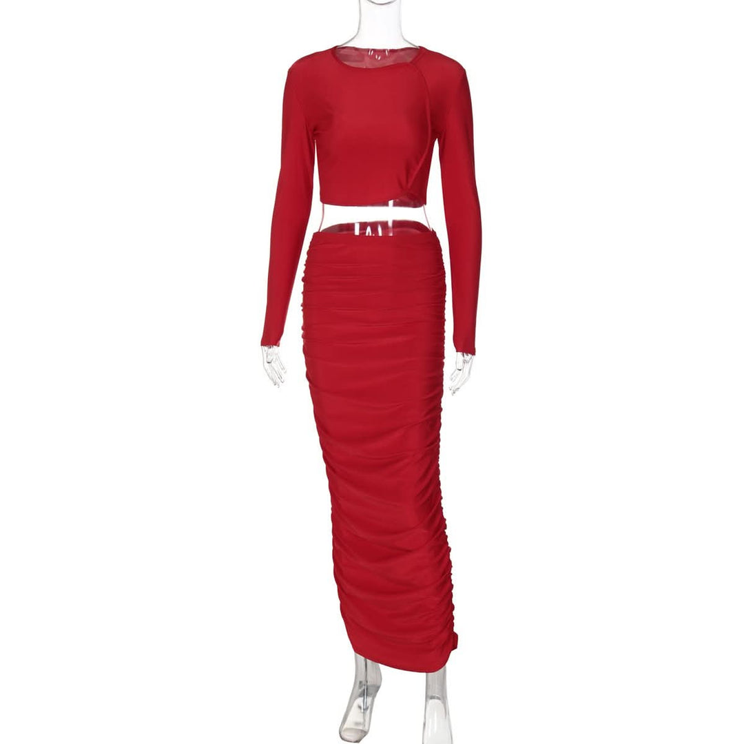 Long sleeve crewneck ruched crop maxi skirt set  | Festival Outfits Women
