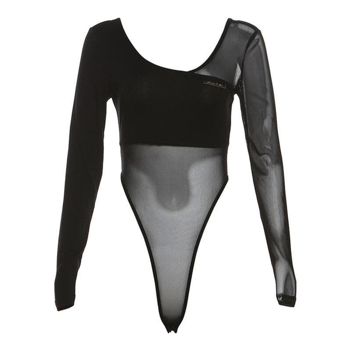 Long sleeve mesh metal tag patchwork bodysuit  | Festival Outfits Women