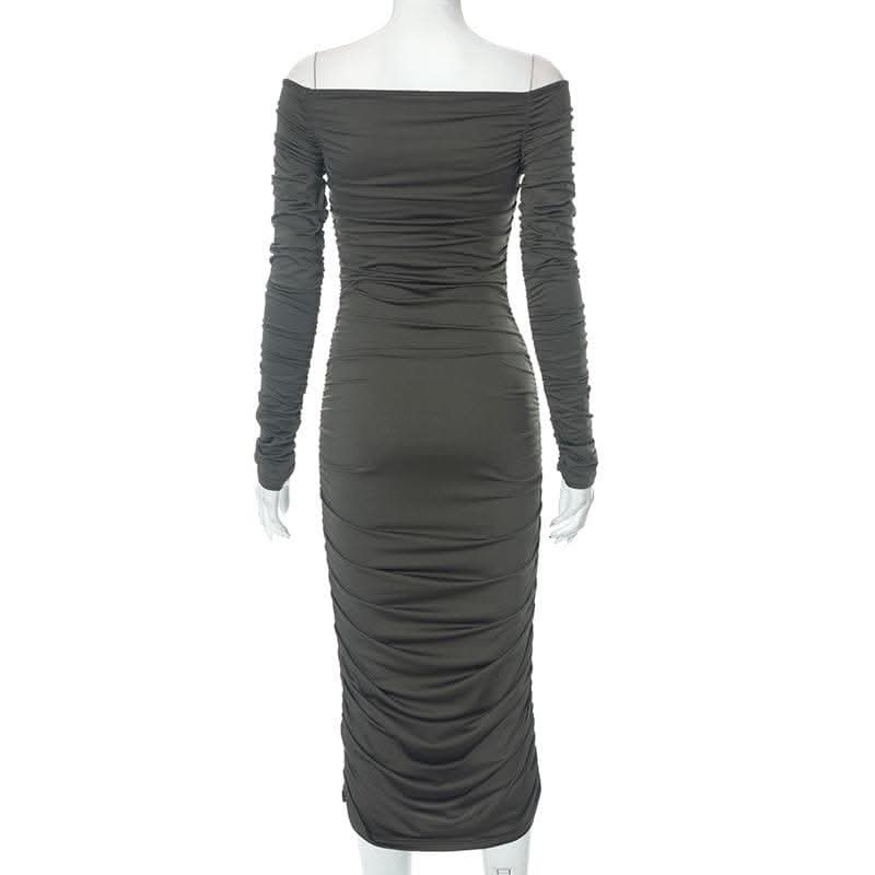 Off shoulder long sleeve ruched solid midi dress-final-sale  | Festival Outfits Women