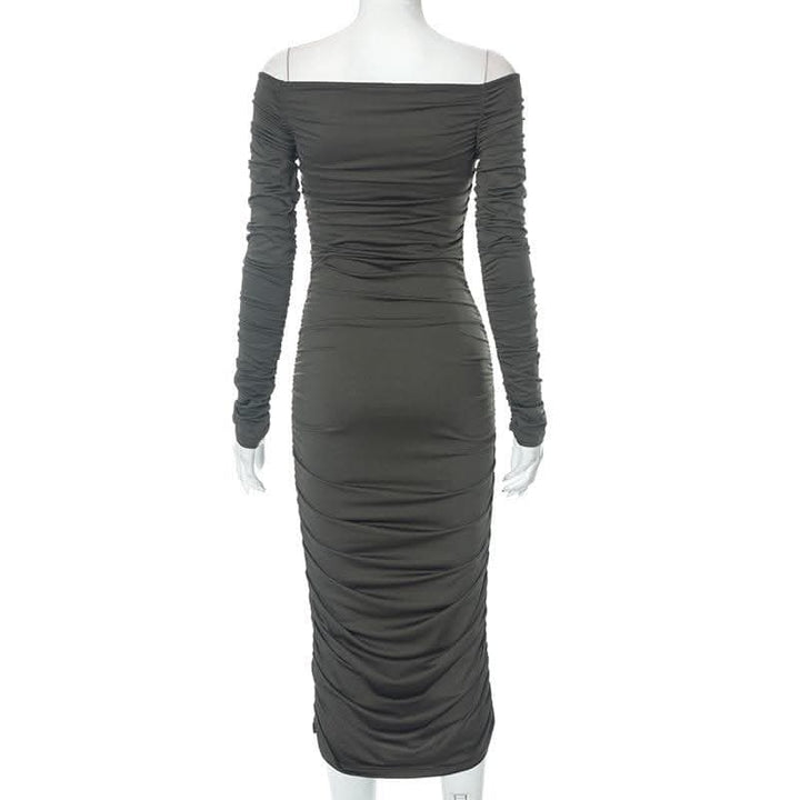Off shoulder long sleeve ruched solid midi dress-final-sale  | Festival Outfits Women